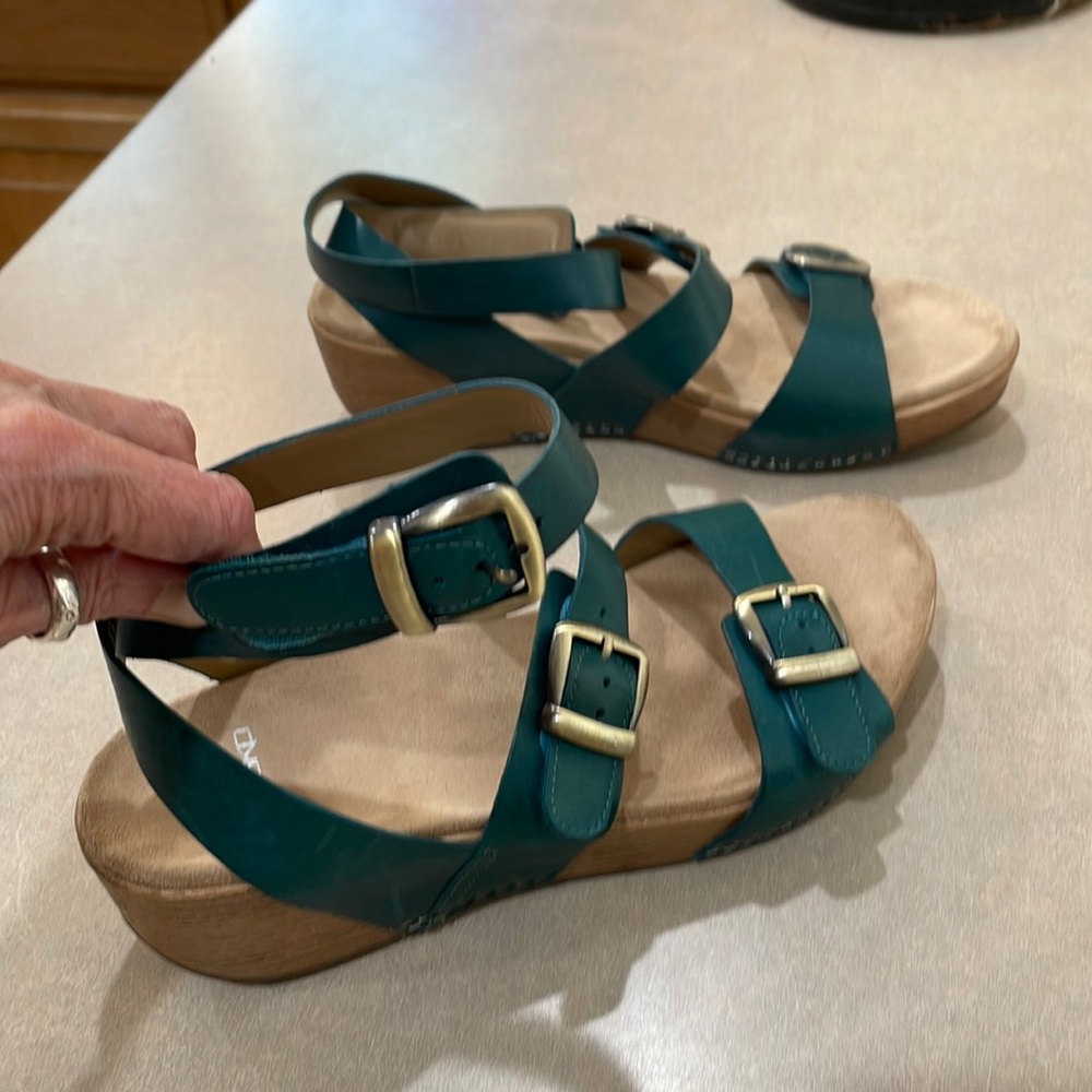 Gorgeous teal Dansko ankle wrap sandal